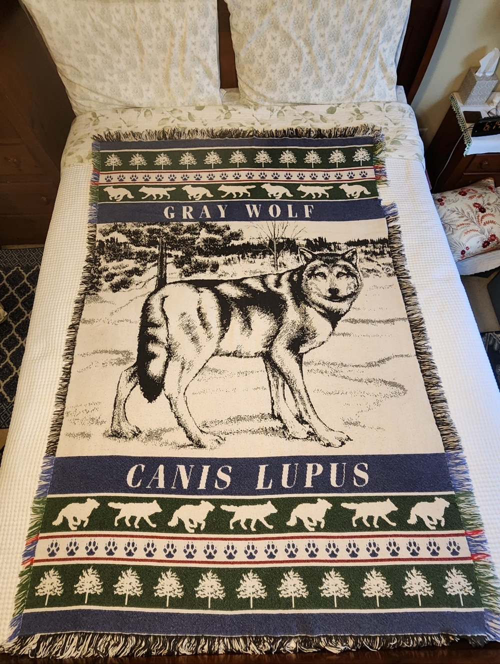 Large Gray Wolf Canis Lupus Tapestry Blanket 64×42" Paw Prints Pine Trees Fringe